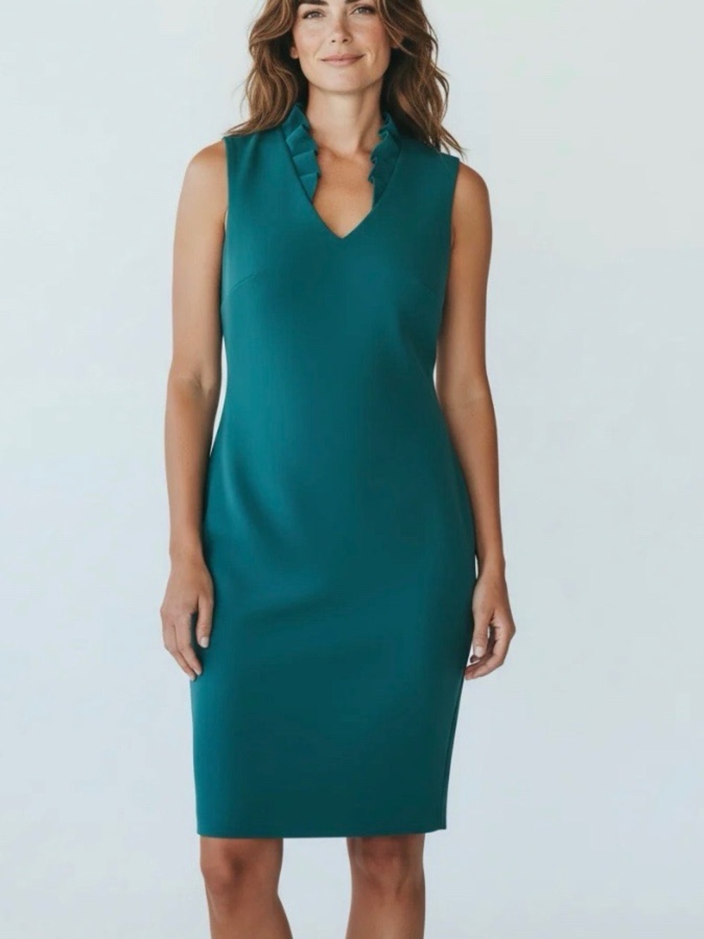 Calvin Klein Teal V-Neck Ruffle-Trim Midi Dress